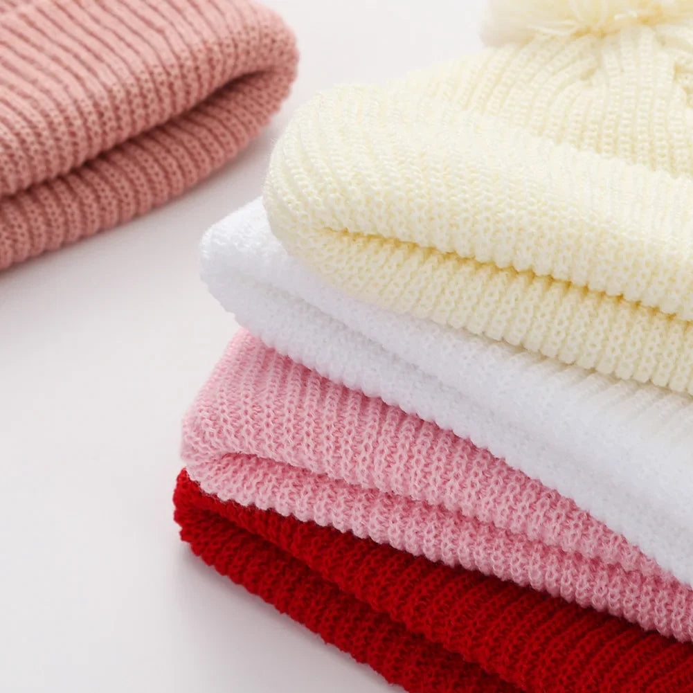 Solid Pom Knitted Baby Beanie | Newborn Infant Winter Hat