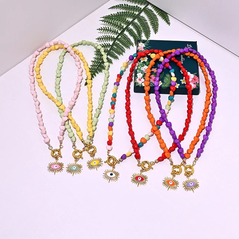 Heart Choker Necklace with Colorful Beads | Bohemian Eye Pendant Set for Women