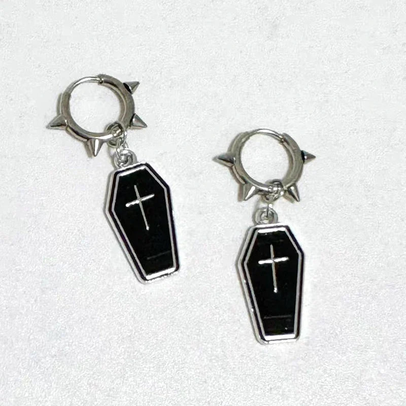 Gothic Coffin Cross Hoop Earrings | Punk Grunge Jewelry for Women