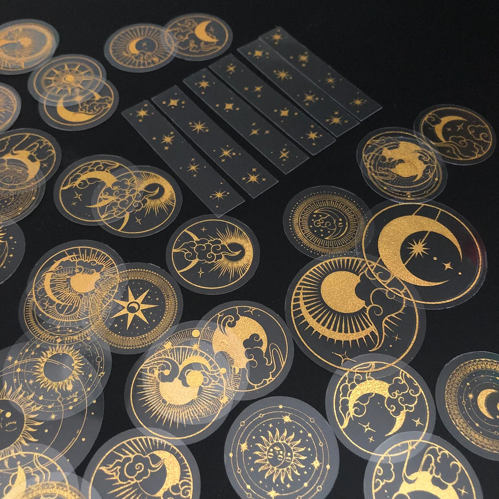 70 pcs Glitter Gold PET Adhesive Stickers | Waterproof Transparent Label Set