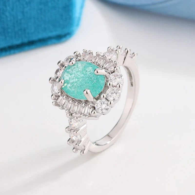 925 Silver Plated Paraiba Sapphire Oval Ring | Full Diamond Couple Band for Women