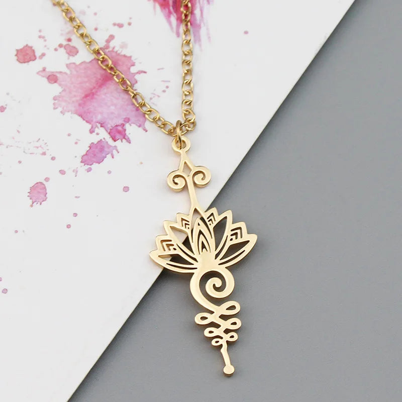 Stainless Steel Unalome Pendant Necklace | Yoga Jewelry with Lotus Flower