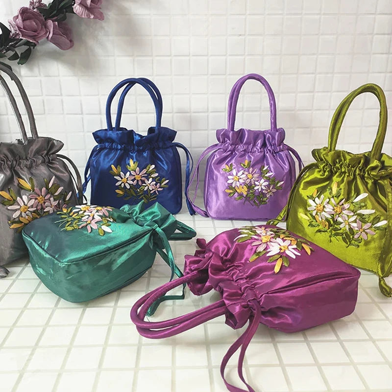 Small Embroidered Flower Bucket Bag | Women's Top Handle Drawstring Purse