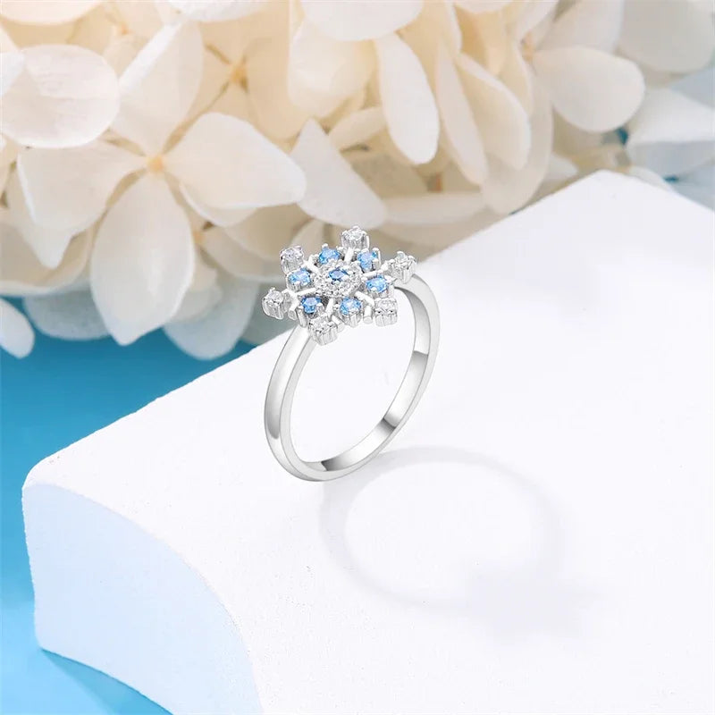 925 Sterling Silver Blue Zircon Snowflake Ring | Winter Christmas Wedding Party Jewelry