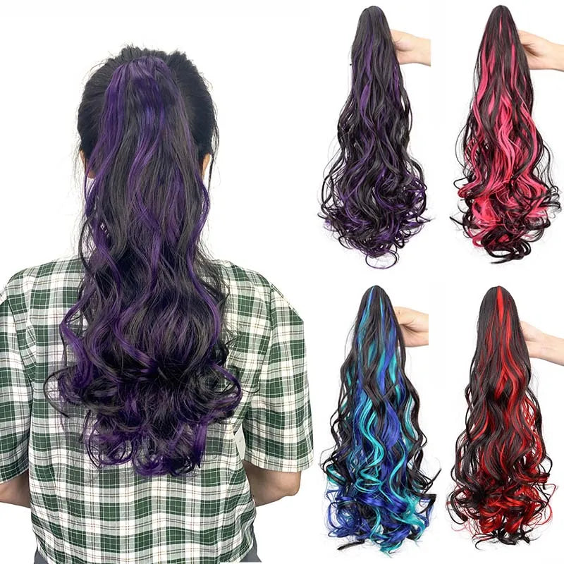 20 Inch Long Curly Ponytail Hair Extension | Mixed Red Purple Clip-In Hairpiece