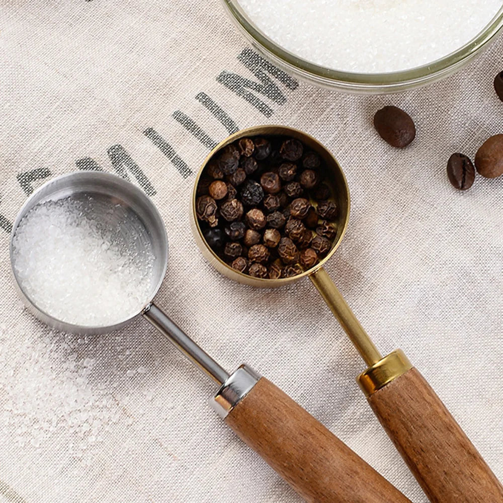 Stainless Steel Measuring Spoon Set | Gold Wood Handle Kitchen Baking Tool