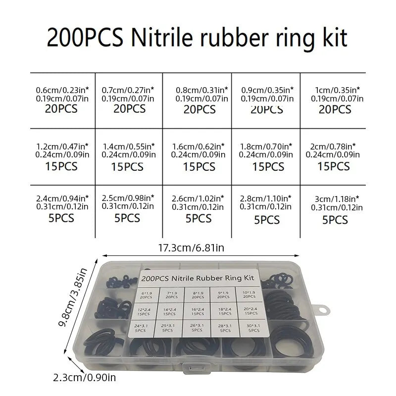 200-Piece Rubber O-Ring Assortment Box | Faucet and Hose Connector Seal Kit