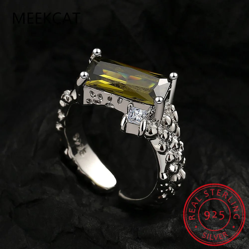 Emerald Cut Green Peridot Ring | 925 Sterling Silver Adjustable Statement Jewelry