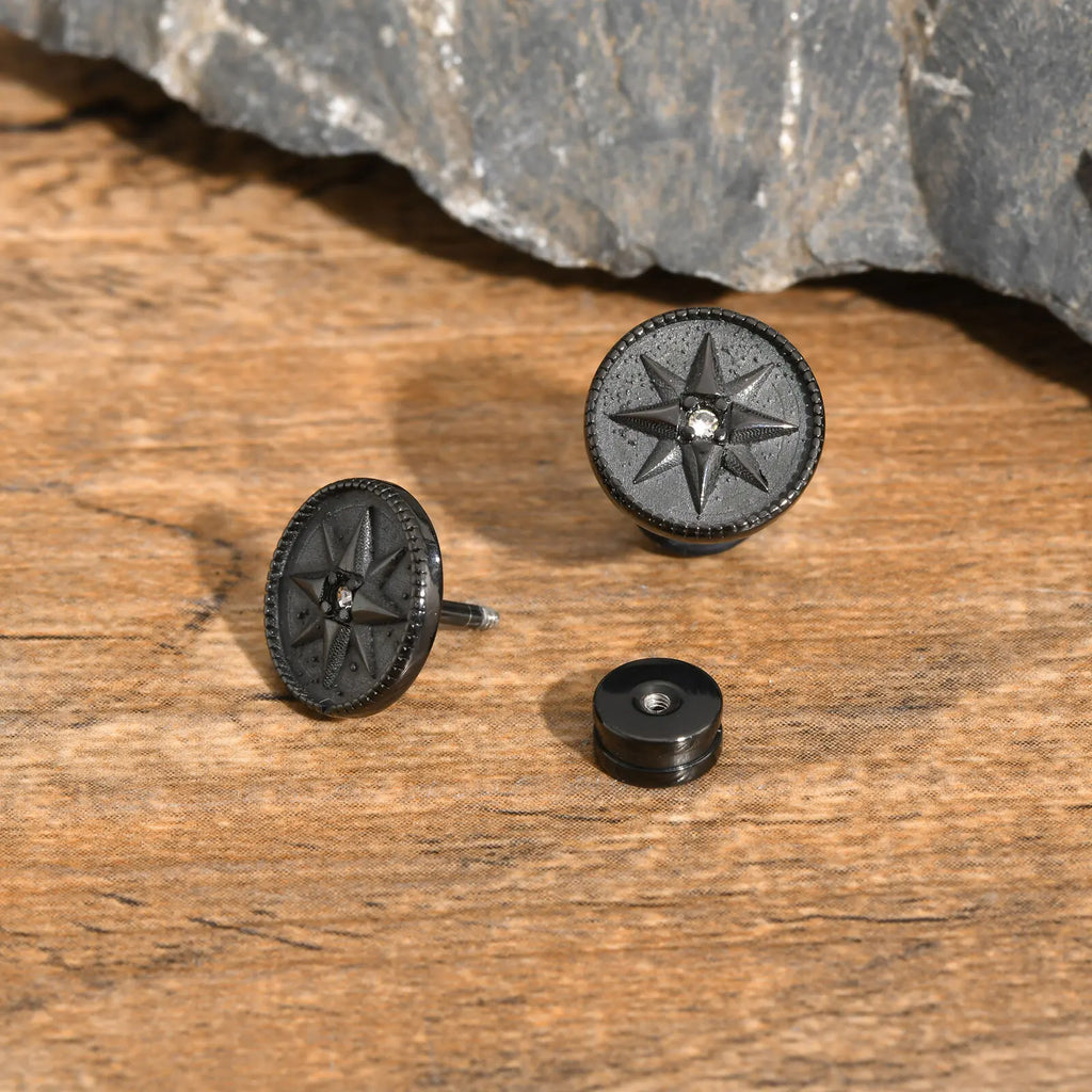 Black Compass Stud Earring for Men | Nautical Star with White Zircon