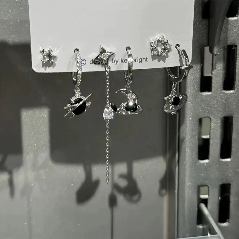 6PCS Goth Punk Vintage Aesthetic Crystal Heart Moon Cross Star Pendant Earrings Set | Grunge Y2K Jewelry