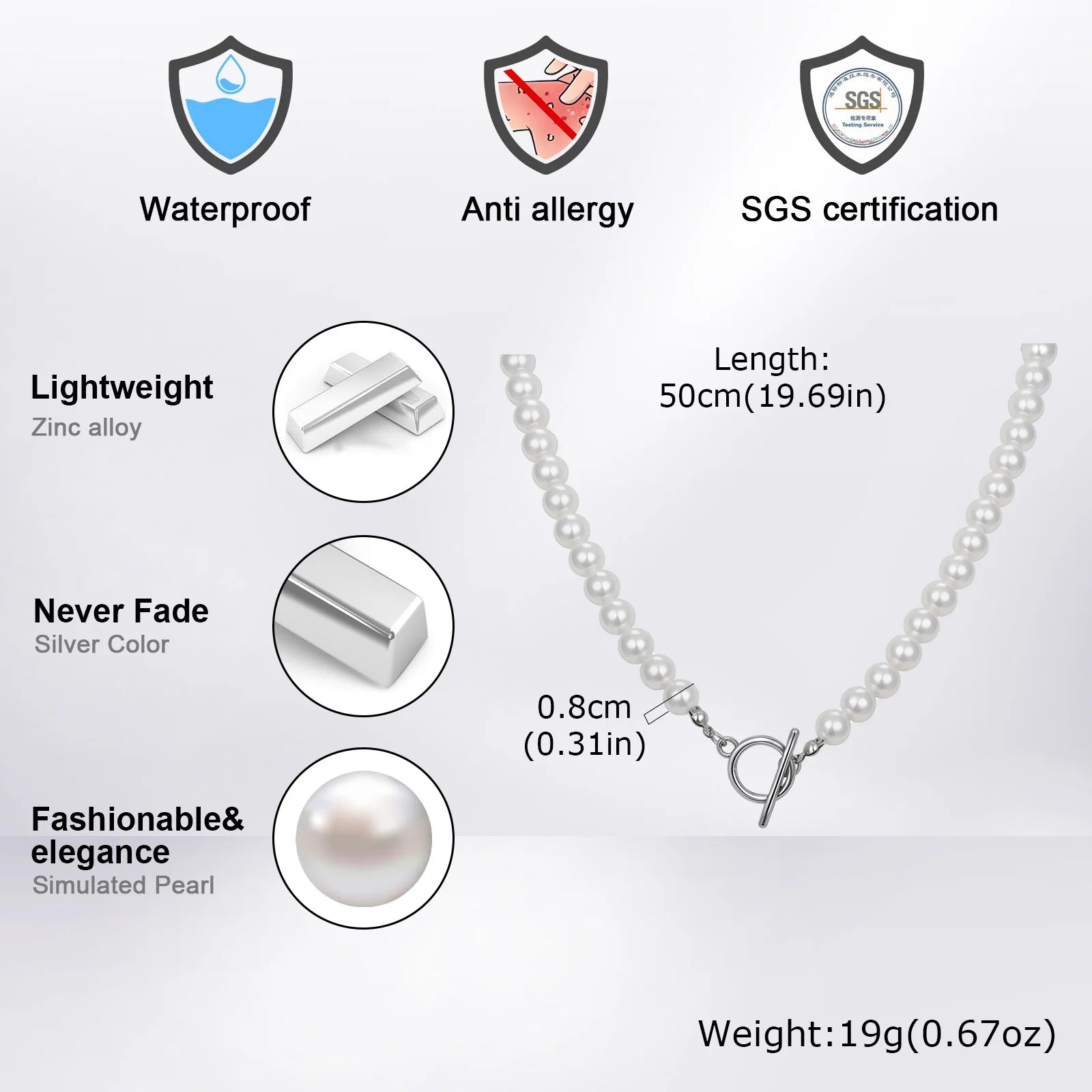 8mm Pearl Necklace for Men Women | White Imitation Pearl Beaded Collar Casual Jewelry Gift