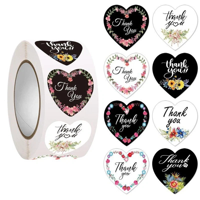 Heart Thank You Stickers | Floral Decorative Sealing Stickers for Wedding Gift Packaging and Small Business Supplies