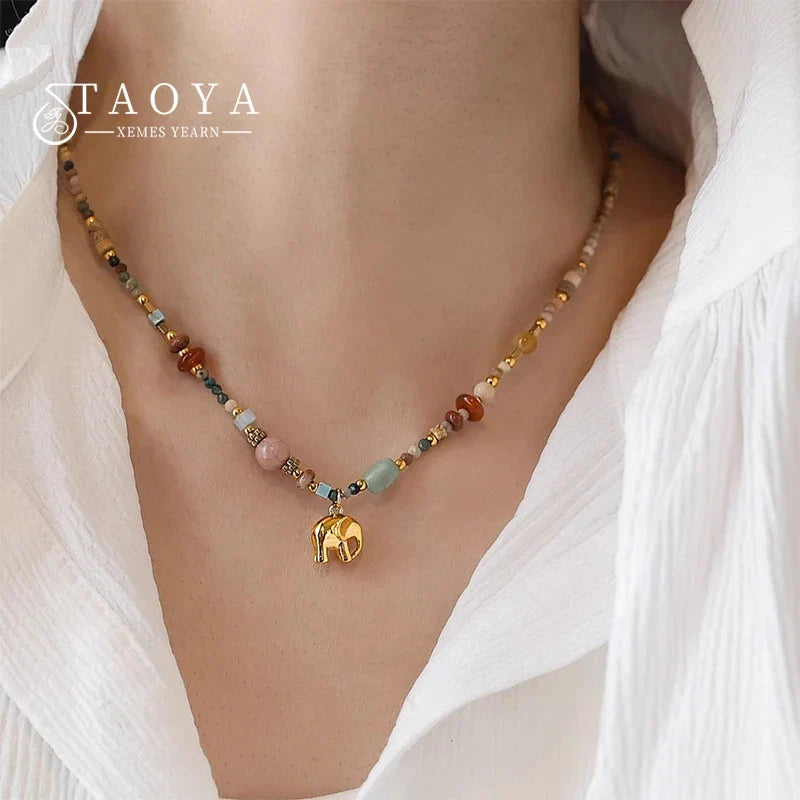 French Retro Natural Stone Pendant Necklace | Elegant Elephant Jewelry for Women