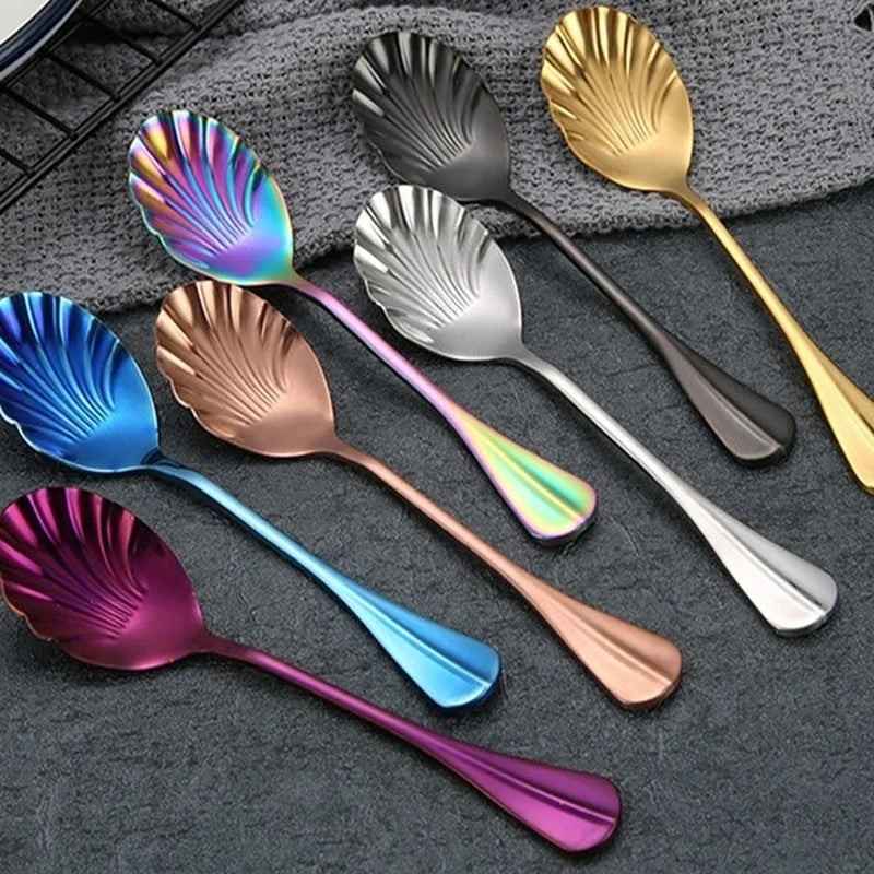 Shell Shape Stainless Steel Spoon with Long Handle | Dessert Spoon and Ice Cream Scoop