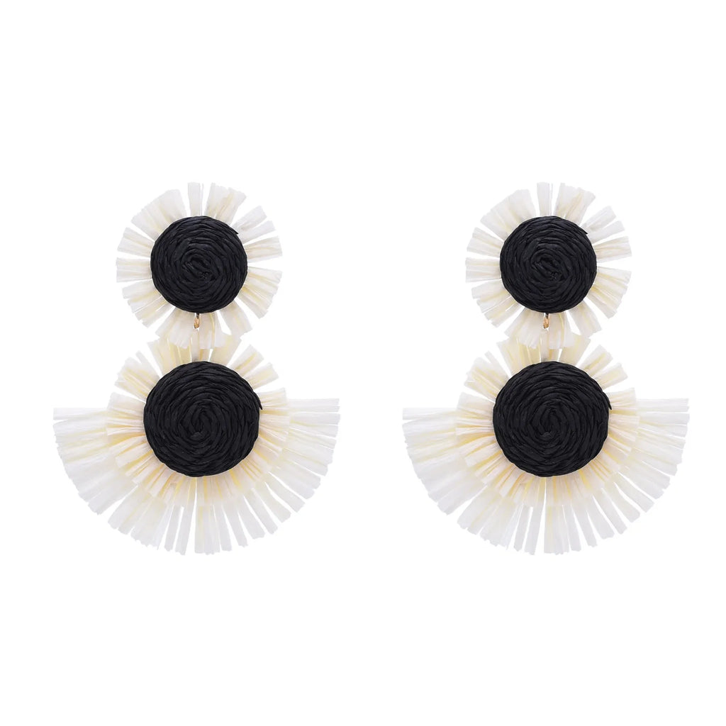 Black And White Raffia Fan Dangle Earrings | Bohemian Tribal Handmade Jewelry