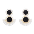Black And White Raffia Fan Dangle Earrings | Bohemian Tribal Handmade Jewelry