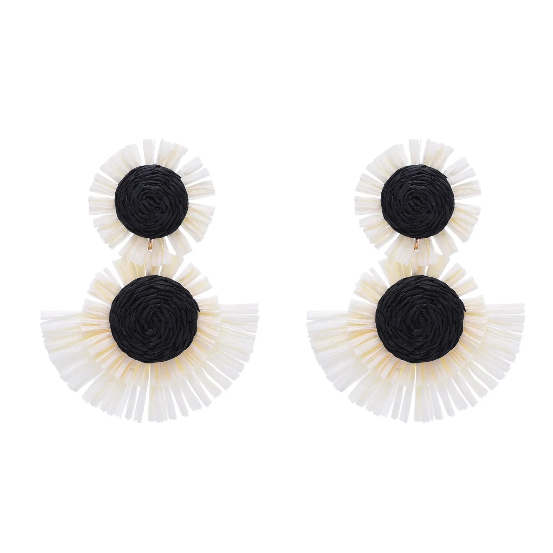 Black And White Raffia Fan Dangle Earrings | Bohemian Tribal Handmade Jewelry