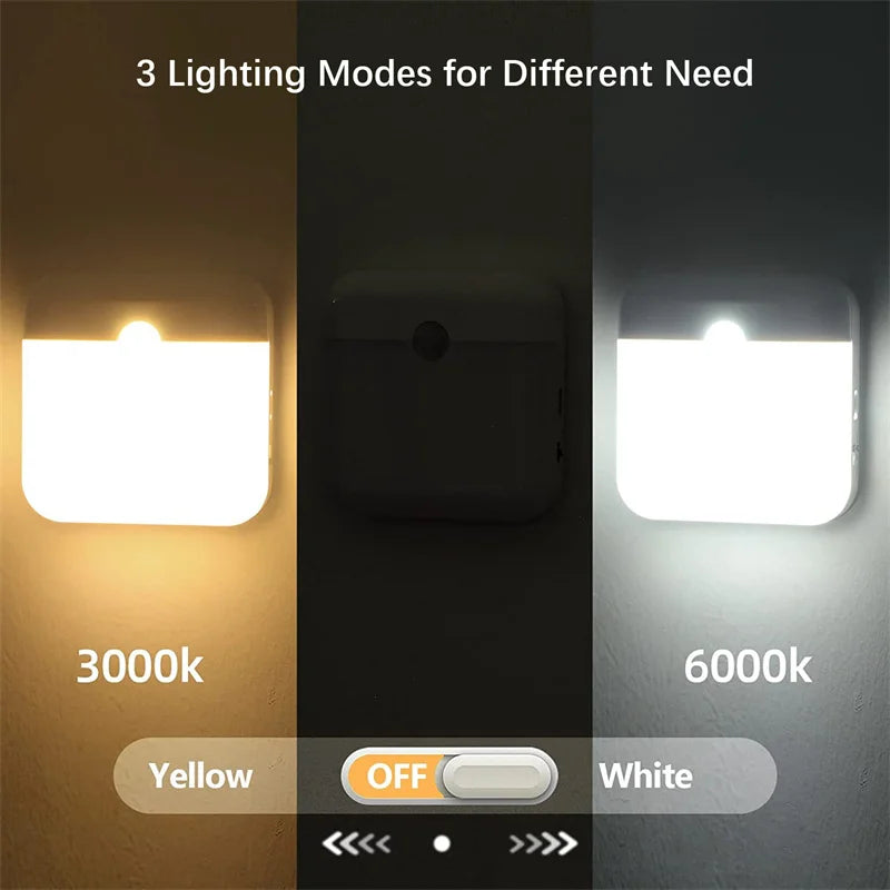 PIR Motion Sensor LED Night Light | USB Rechargeable with Switch for Bedroom Kitchen Cabinet Closet