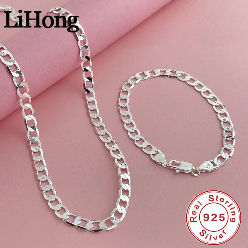 925 Sterling Silver 6mm Cuban Link Necklace and Bracelet Set | Unisex Classic Jewelry