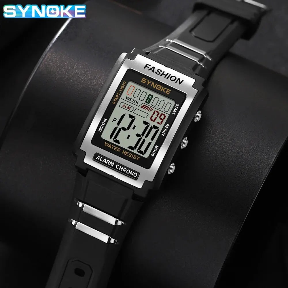 SYNOKE Men Rectangular Sports Electronic Watch | Waterproof 50M with Night Light and Alarm