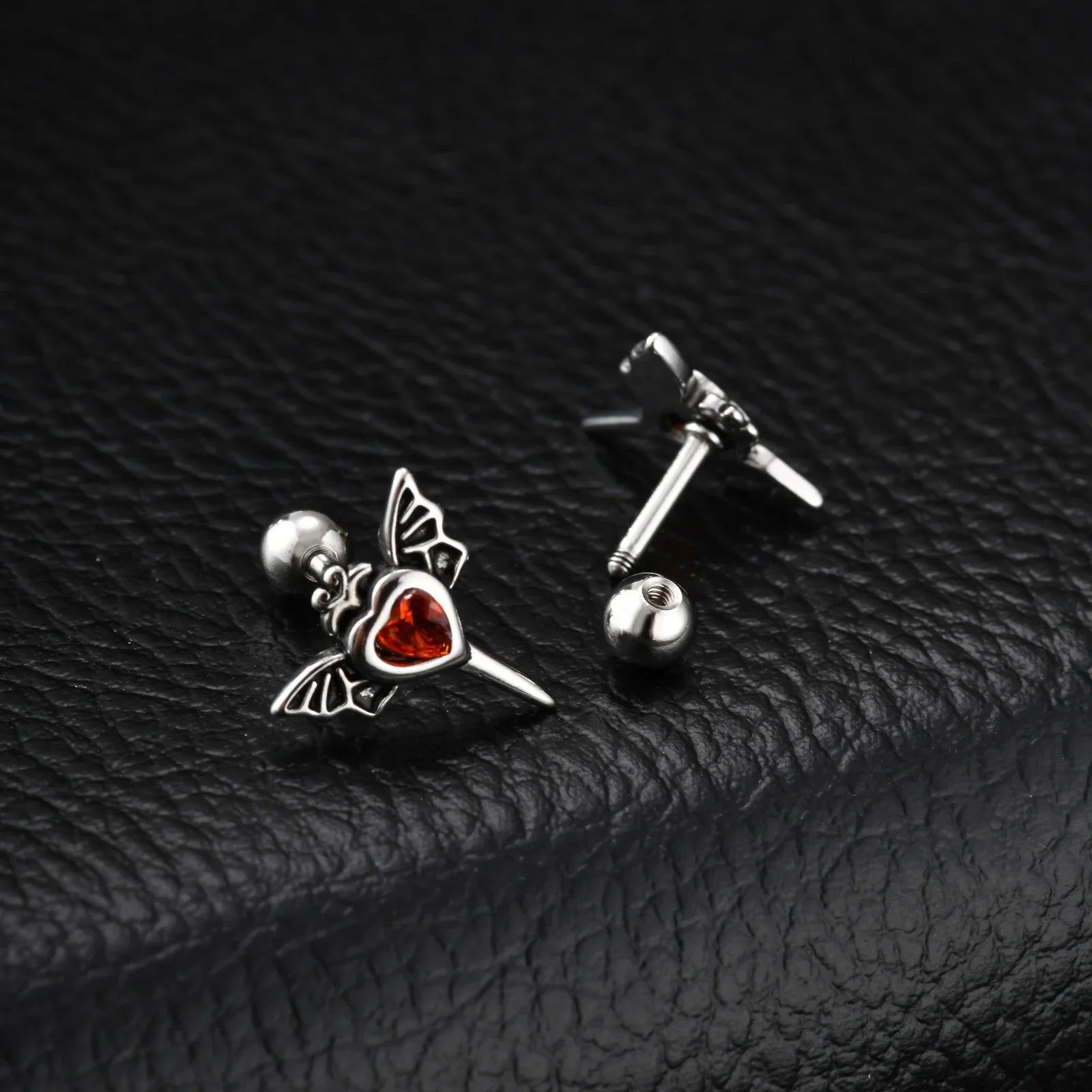 Stainless Steel Heart Zircon Wings Stud Earrings | Unisex Vintage Punk Gothic Jewelry