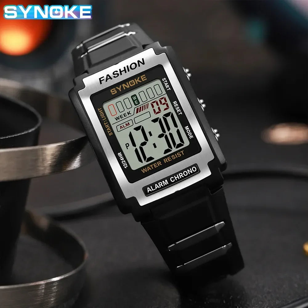 SYNOKE Men Rectangular Sports Electronic Watch | Waterproof 50M with Night Light and Alarm