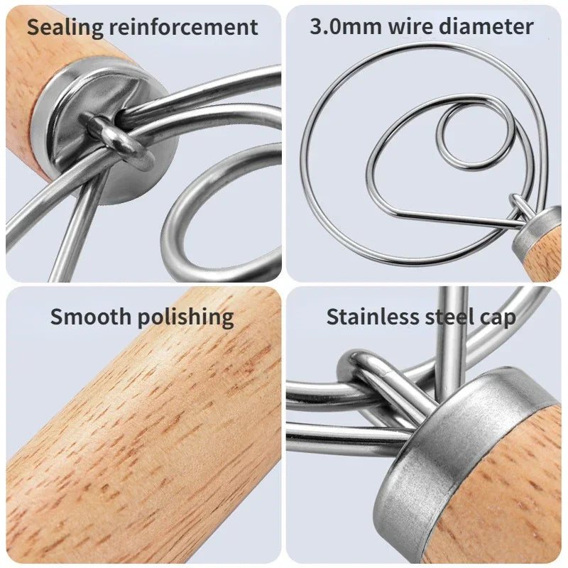 Stainless Steel Danish Dough Whisk | Wooden Handle Bread Mixer for Baking