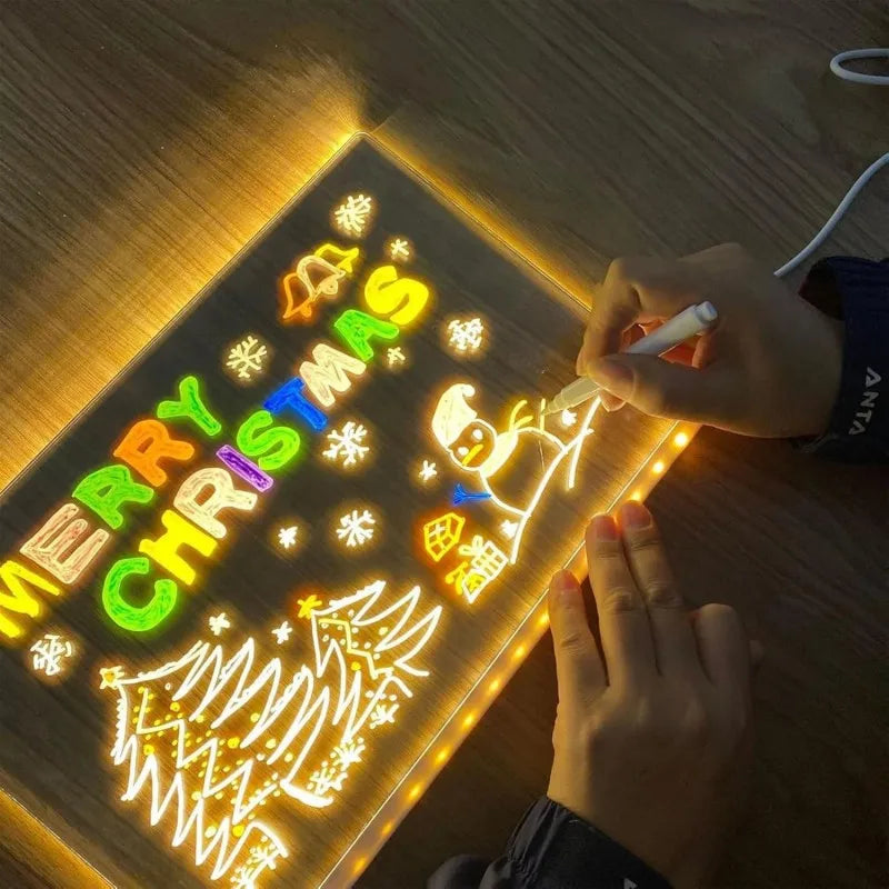 Light Up Acrylic Message Board Night Light | Rewritable DIY Glowing Drawing Board with 7 Colorful Pens