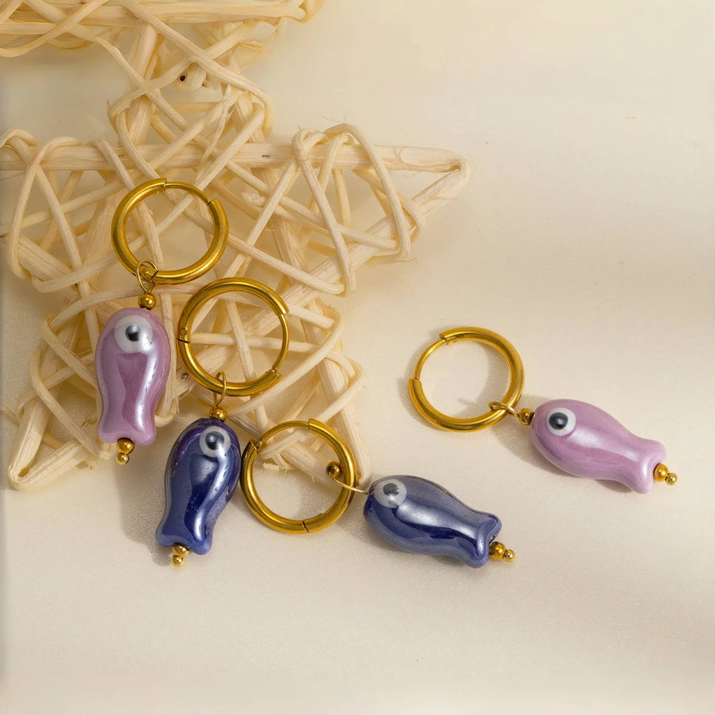 Stainless Steel Ceramic Fish Earrings | Colorful Dopamine Jewelry for Women
