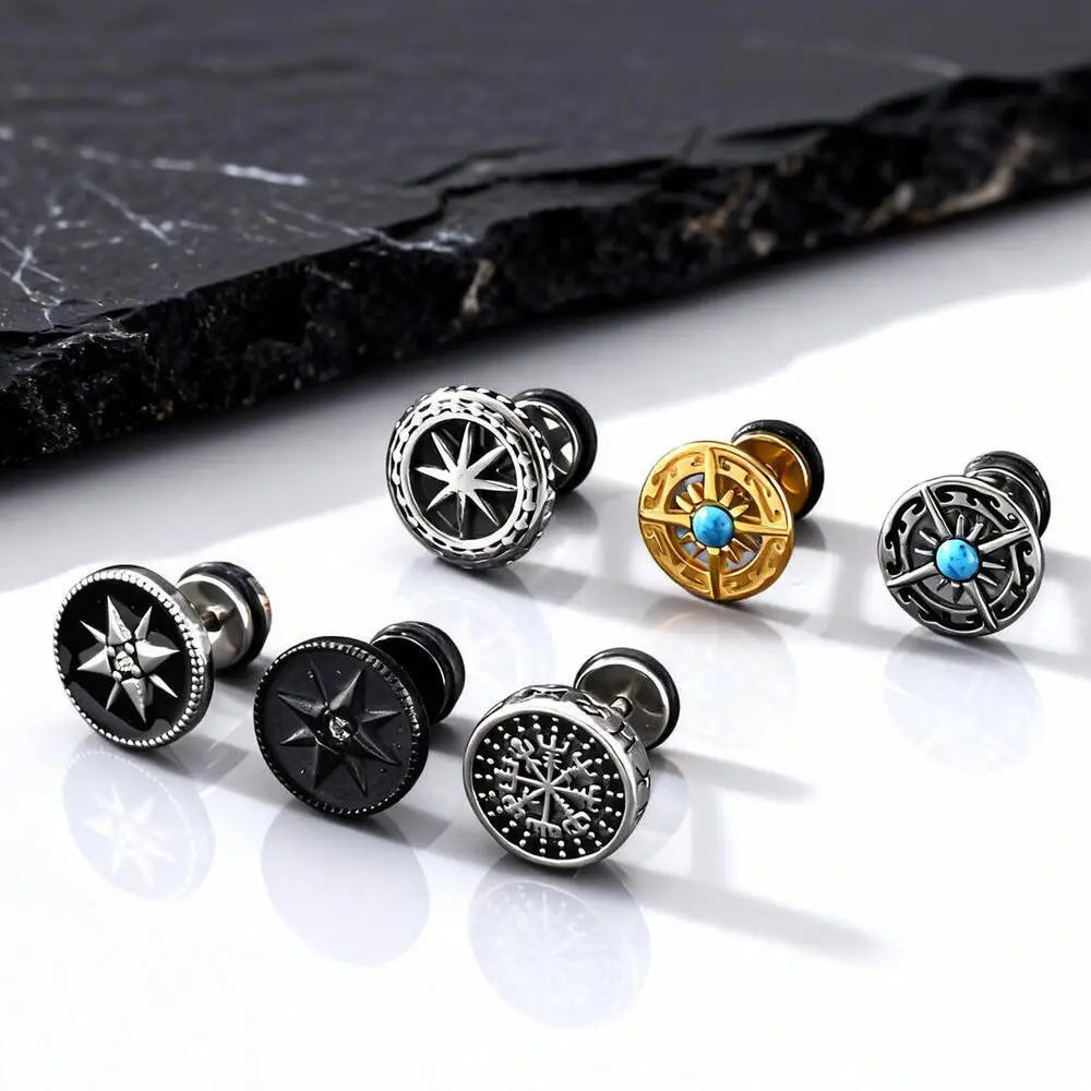 Vintage Men's Compass Stud Earrings | Stainless Steel Eight-Pointed Star Fashion Jewelry