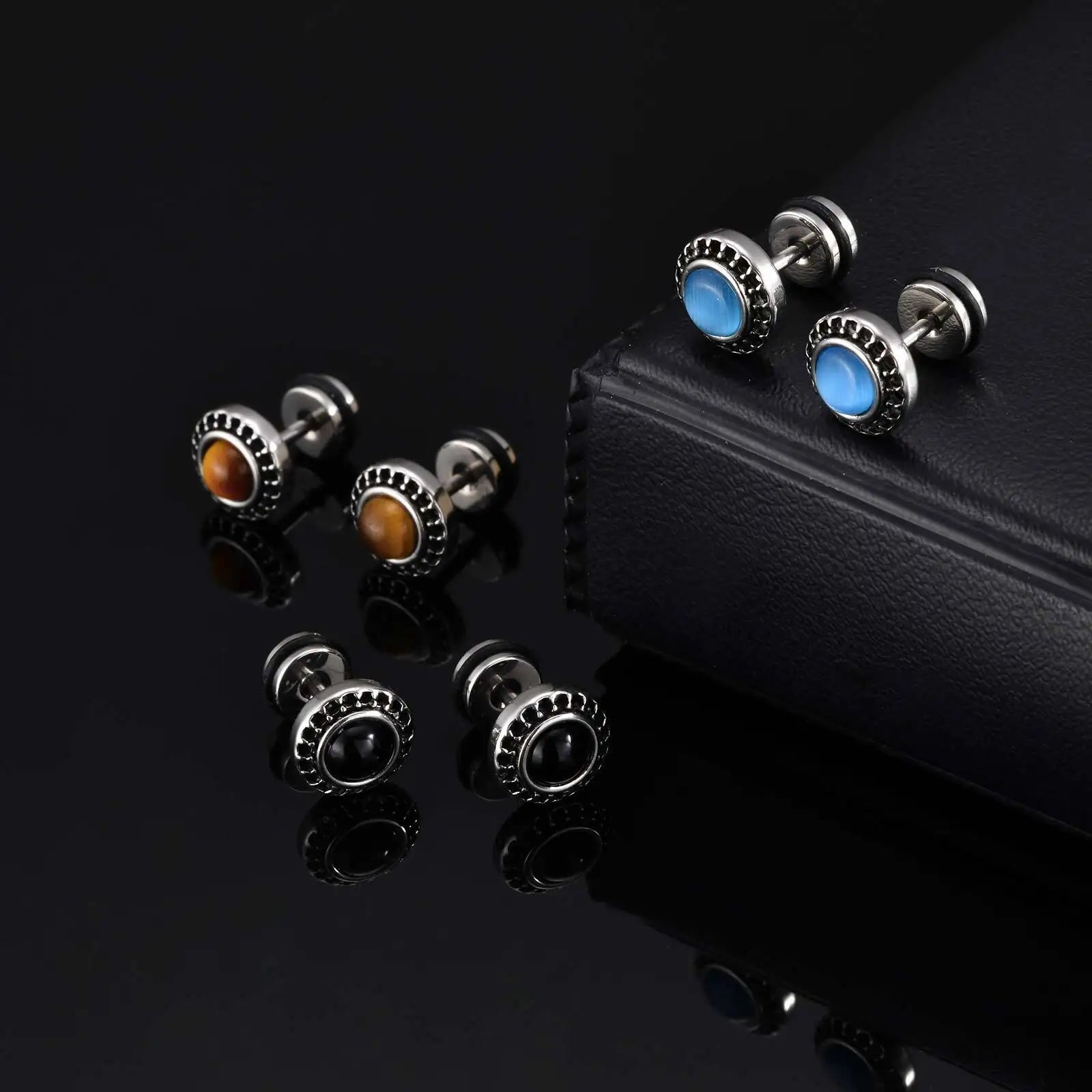 Men's Tiger Eye Stone Stud Earrings | Natural Gemstone Punk Earrings for Men
