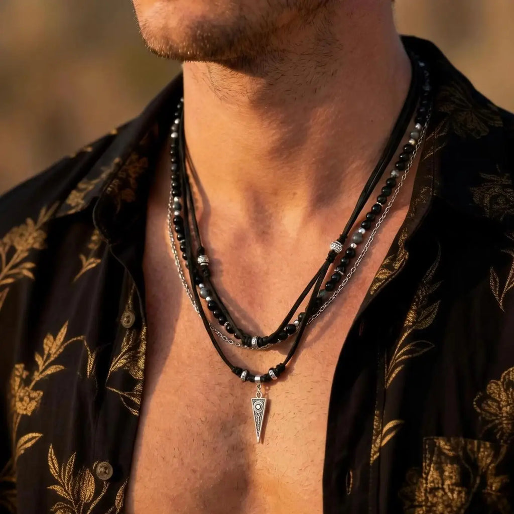 Multi-Layer Black Leather Necklace | Rock Punk Geometric Pendant for Men