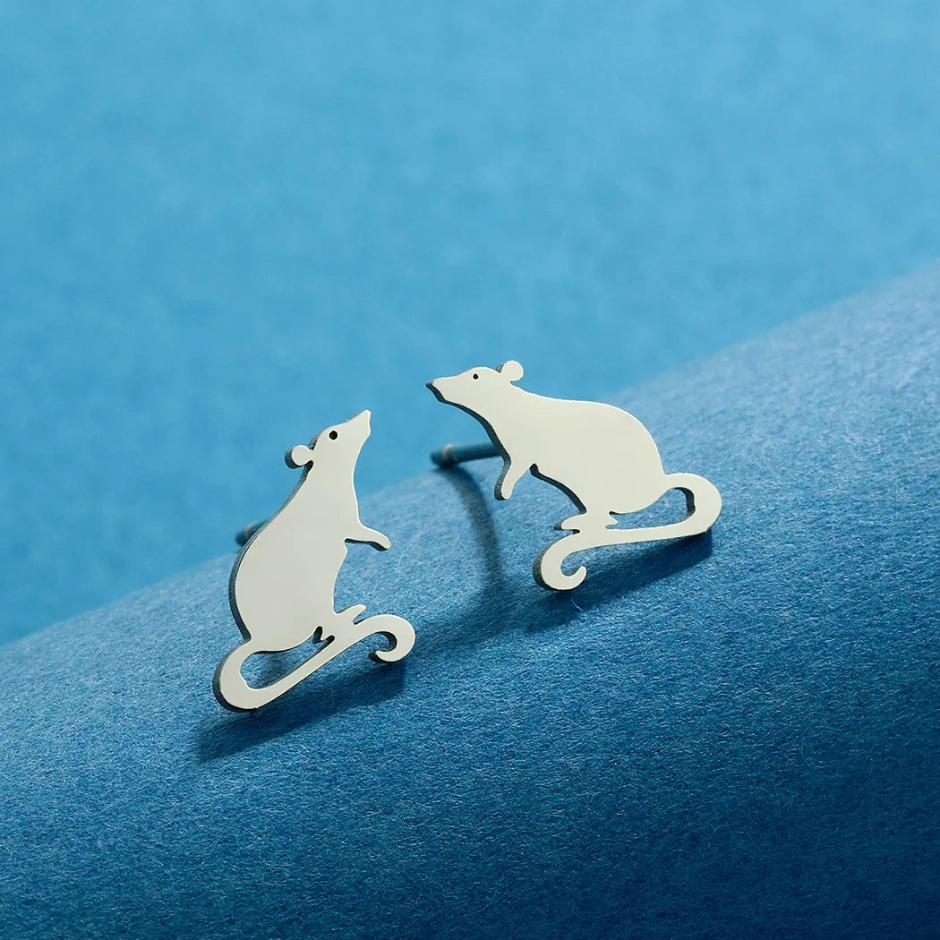 Adorable Rat Stud Earrings | Cute Stainless Steel Rodent Jewelry for Women and Men