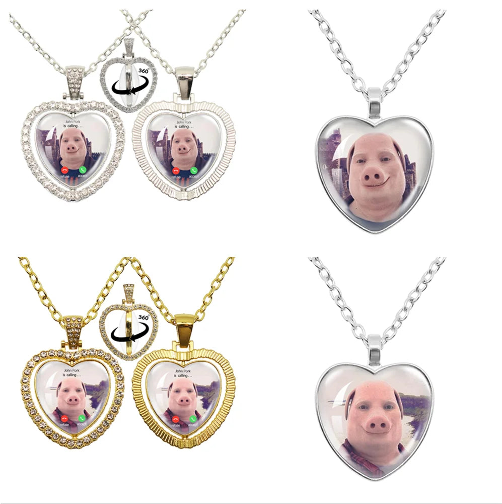 John Pork Is Calling Answer Phone Humor Funny Pig Lover Heart Pendant Necklace | Funny Gift Jewelry