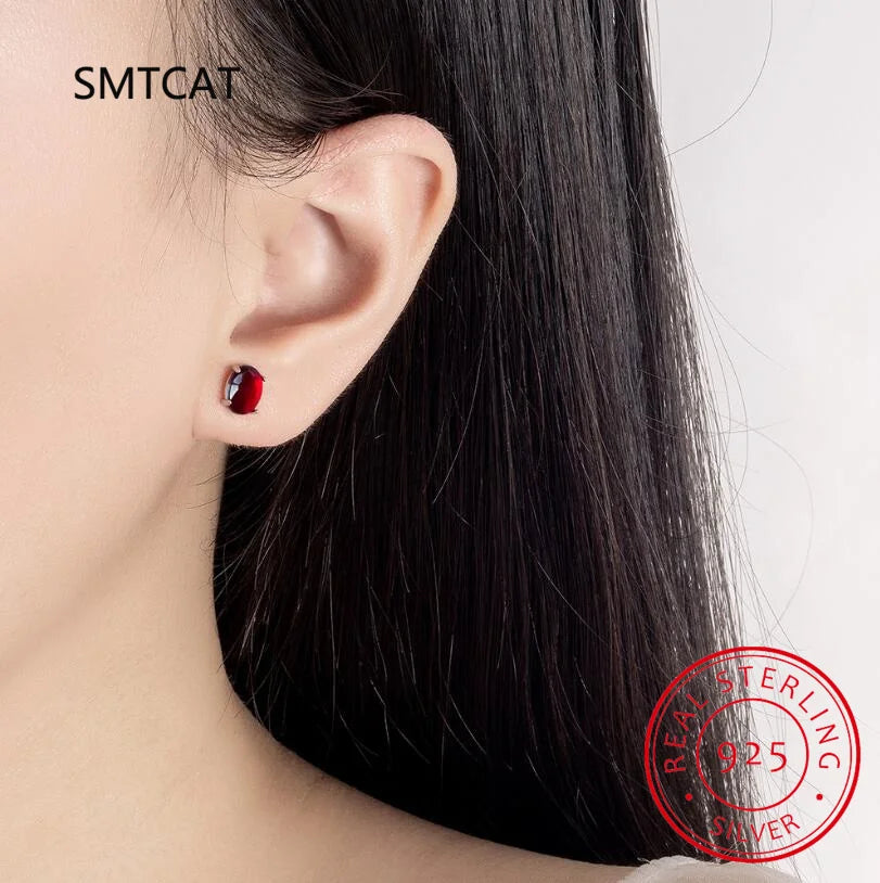 Oval Cut Red Garnet 925 Sterling Silver Stud Earrings | Women's Fashion Gemstone Jewelry