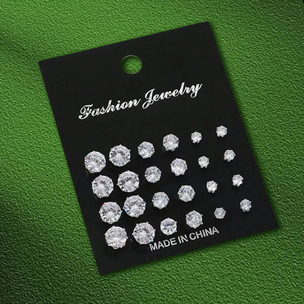 12 Pairs Stainless Steel Stud Earrings Set for Women Men | Zircon Bud Jewelry Gift Set