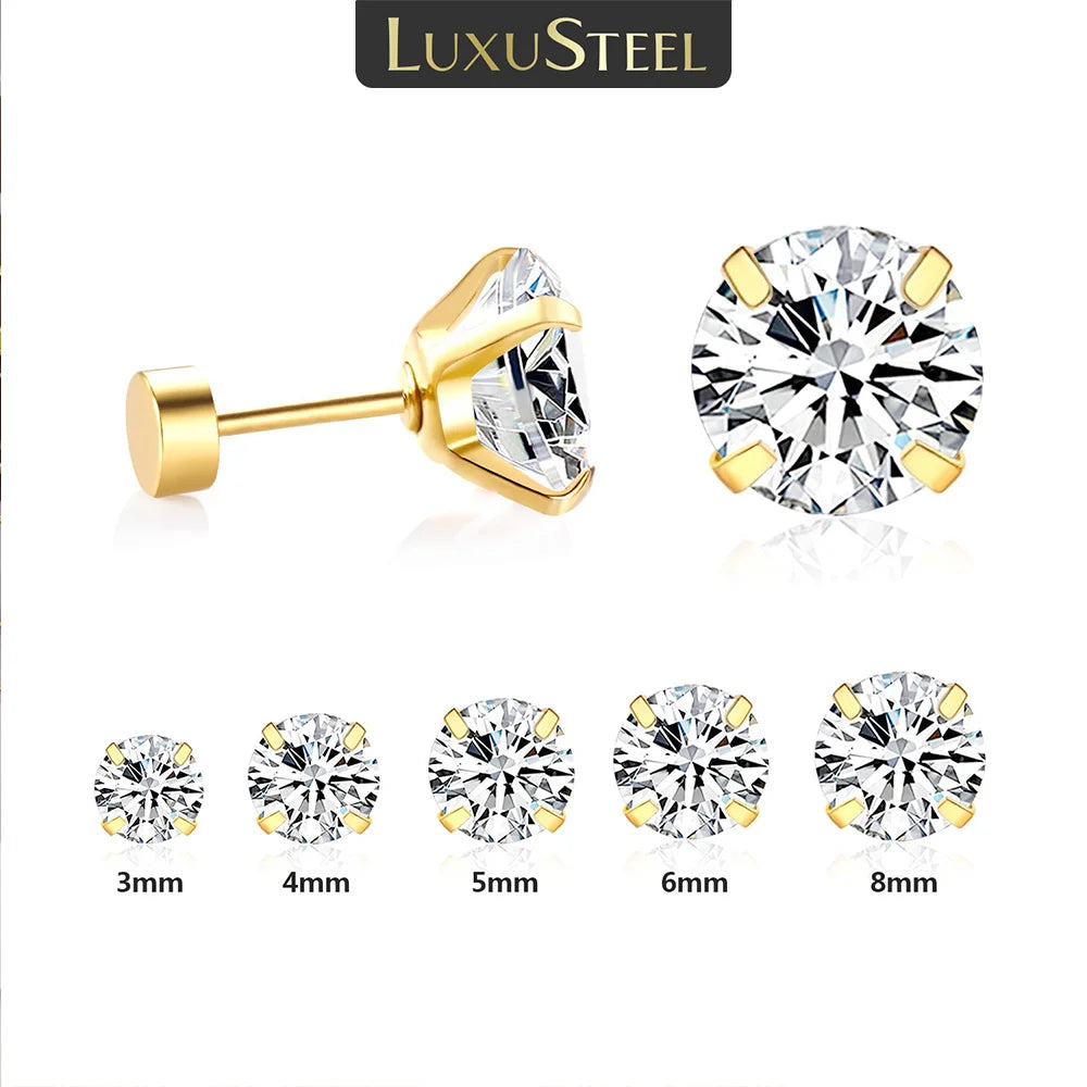 LUXUSTEEL Stainless Steel Round Cubic Zirconia Stud Earrings | Silver Screw-Back Earrings for Women