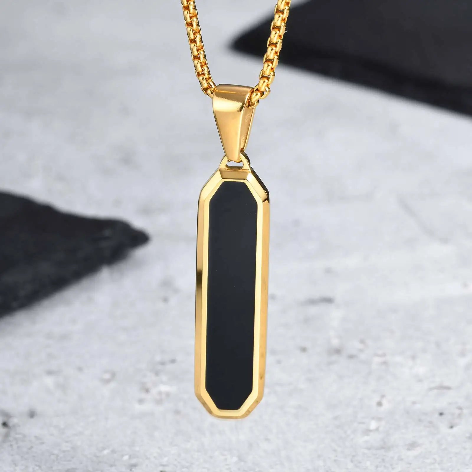 Men's Geometric Square Necklace | Black Enamel Rectangle Pendant with Rope Chain
