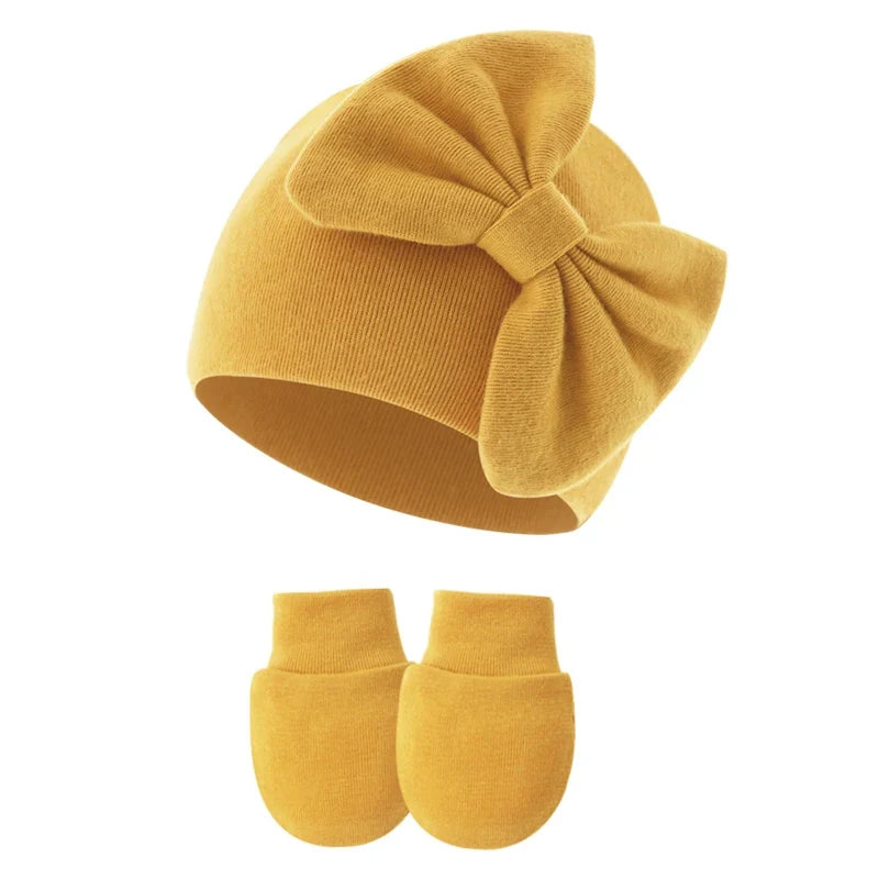 2Pcs Baby Girl Hat and Gloves Set | Newborn Princess Beanie with Big Bow for 0-6 Months
