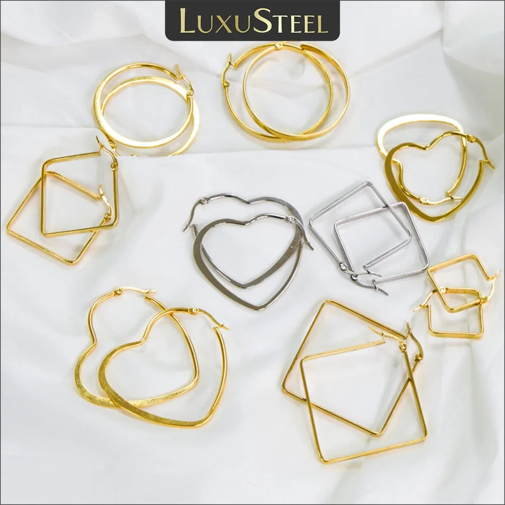 LUXUSTEEL Stainless Steel Hoop Earrings | Simple Geometric Shapes for Women