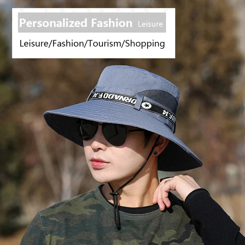 Windproof Men Outdoor Hat | Wide Brim Flat Top Fisherman Hat with Letter Print and Anti-UV Strap