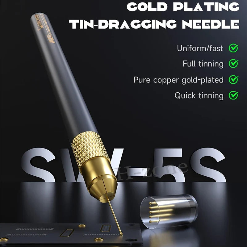 MECHANIC SW-5S Gold Plated Tin Dragging Needle Set | Ultralight Carbon Fiber Holder for FPC Connector Reballing
