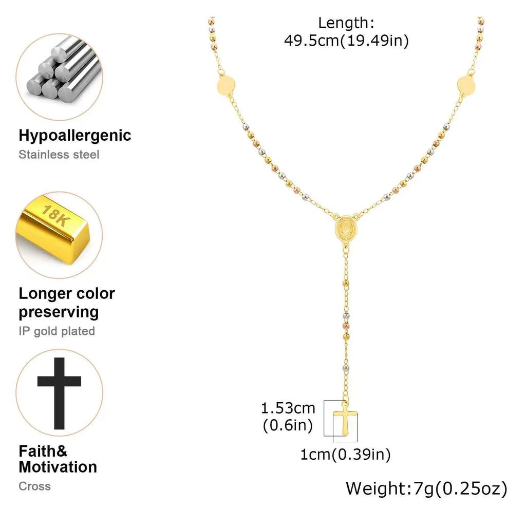 Prjewel Stainless Steel Three-Color Beaded Cross Pendant Y-Necklace | Faith-Inspired Fashion Jewelry
