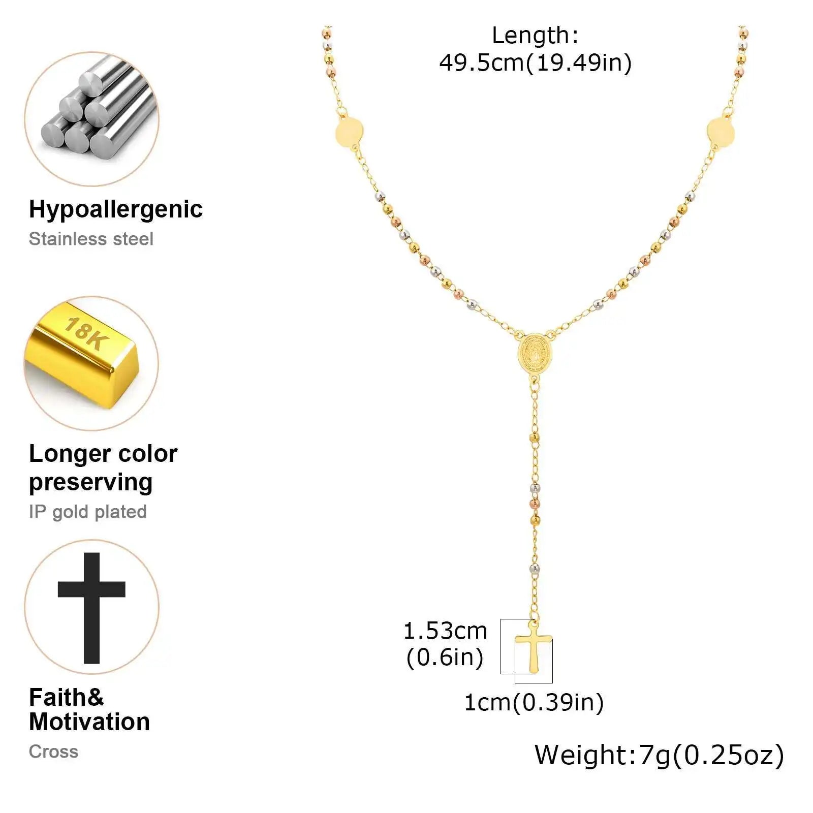 Prjewel Stainless Steel Three-Color Beaded Cross Pendant Y-Necklace | Faith-Inspired Fashion Jewelry
