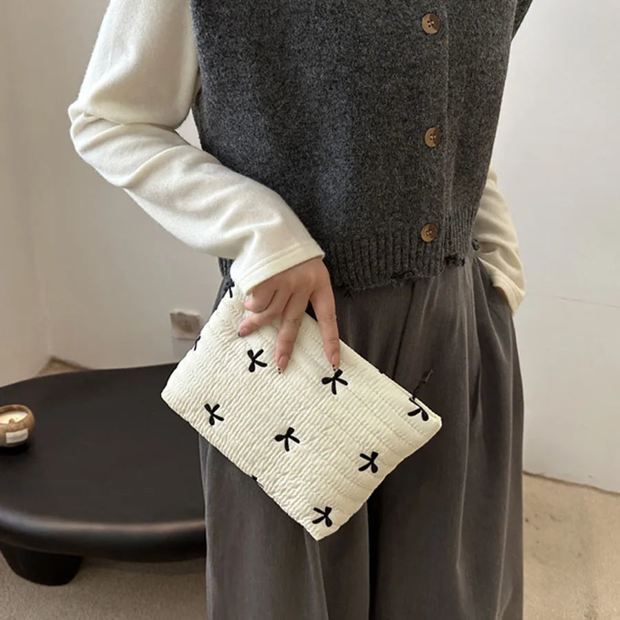 Large Capacity Embroidered Bow Cosmetic Case | Cute Zipper Makeup Bag