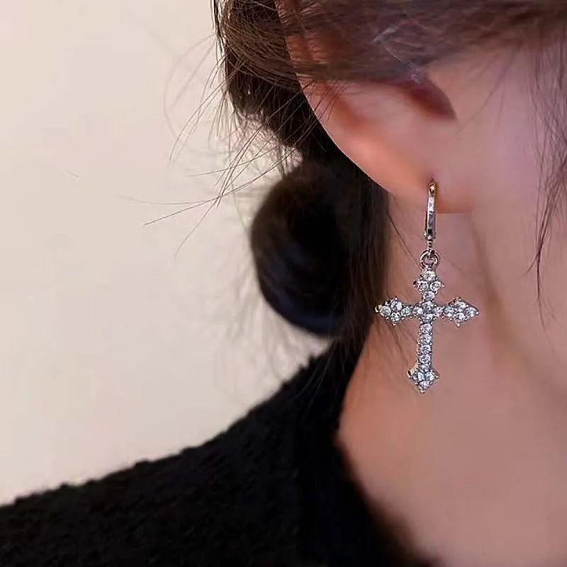 Korean Sliver Color Zircon Cross-Shape Drop Earrings | Punk Hip Hop Crystal Pendant Earrings