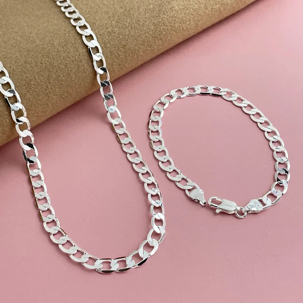 925 Sterling Silver 6mm Cuban Link Necklace and Bracelet Set | Unisex Classic Jewelry