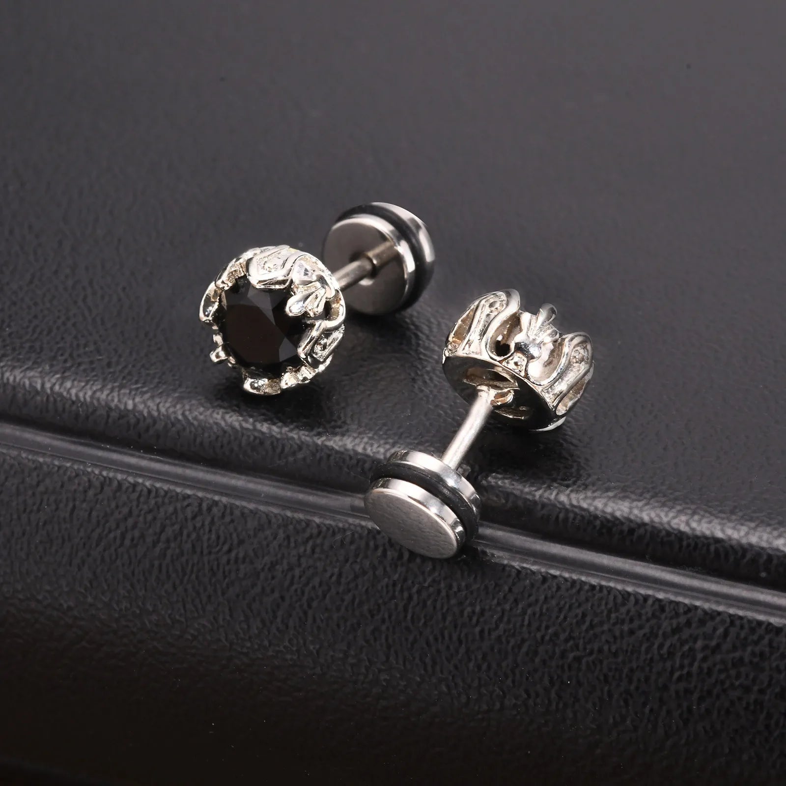 Unisex Black Onyx Screw Stud Earrings | Stainless Steel Retro Earrings for Men and Women