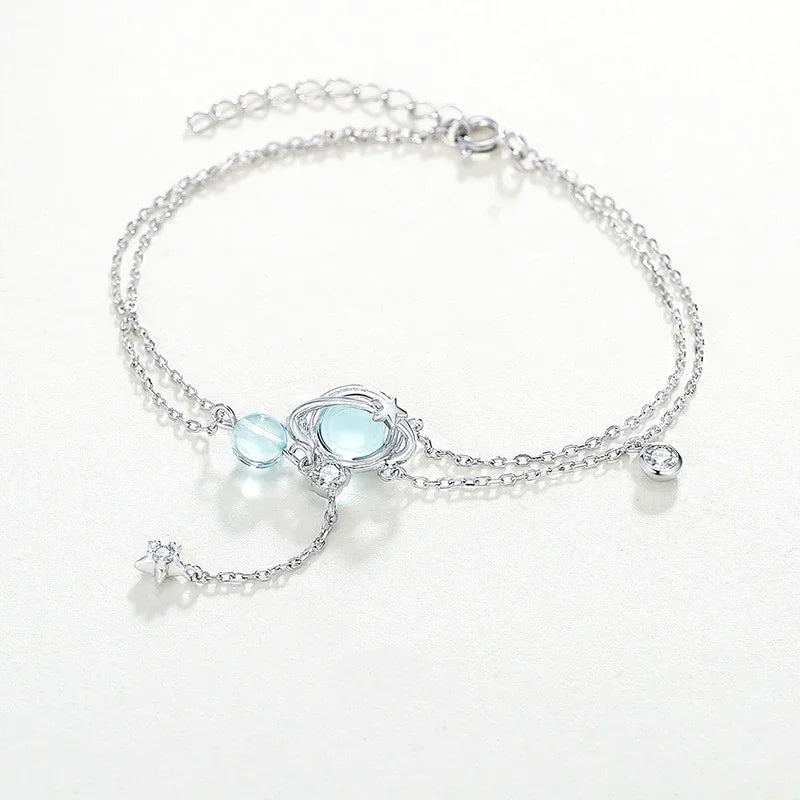 925 Sterling Silver Aquamarine Bracelet | Elegant Double Charm Bracelet for Women