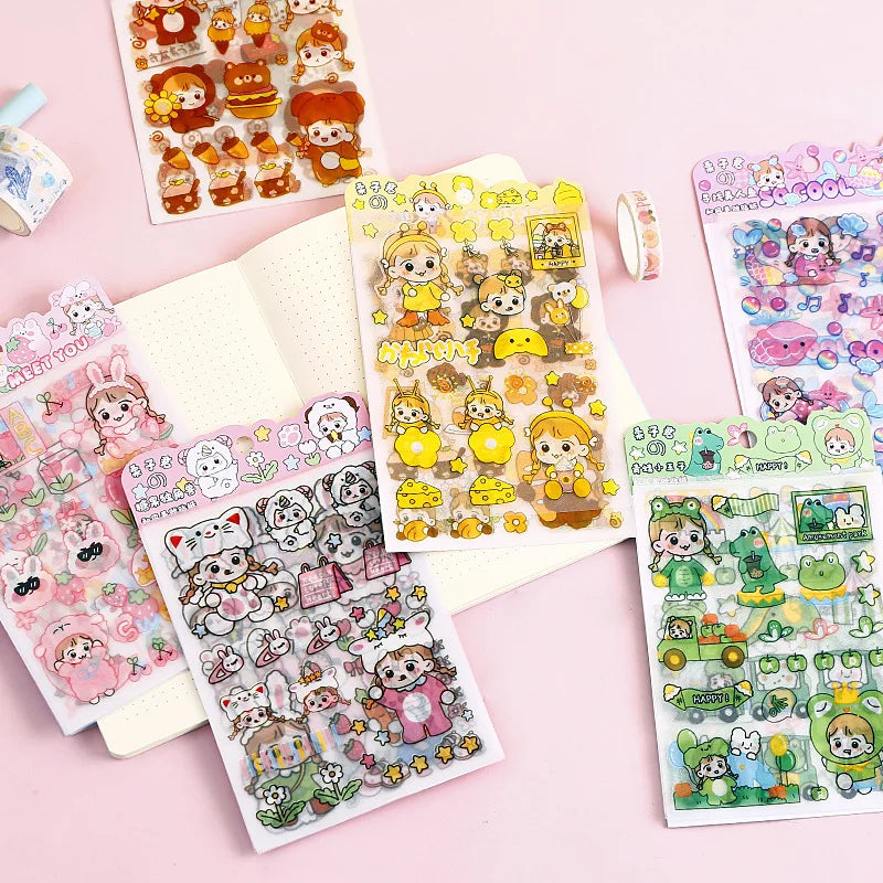 Cute Pink PET Sticker Pack for Scrapbooking and Journaling | 4 Sheets Kawaii Decorative Stickers